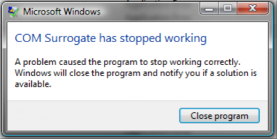 Le programme exe ou COM Surrogate a cessé de fonctionner dans Windows 10