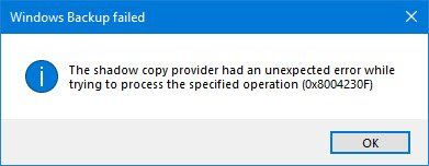 Nakatagpo ng hindi inaasahang error ang shadow copy provider (0x8004230F)