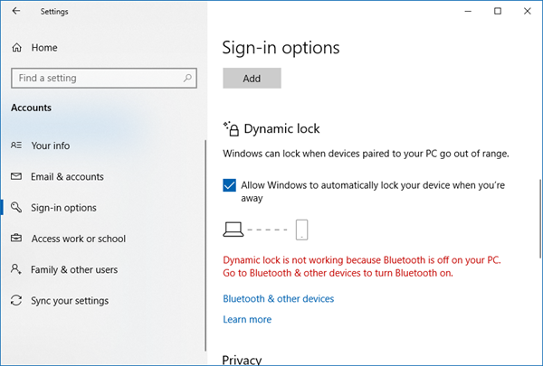 Windows 10 Dynamic Lock werkt niet of ontbreekt