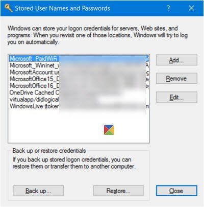 Намерете, добавете, премахнете, редактирайте, архивирайте, възстановете съхранените потребителски имена и пароли в Windows 10