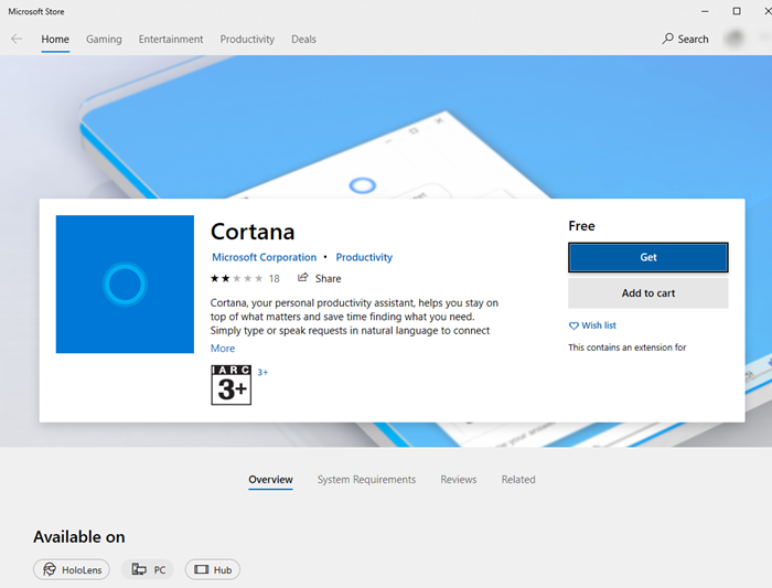 Installeer Cortana vanuit de Microsoft Store