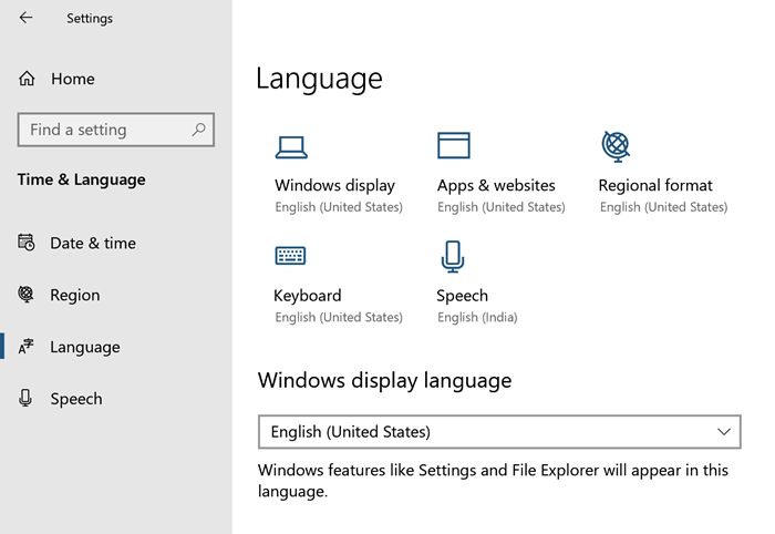 הגדרות השפה של Windows 10