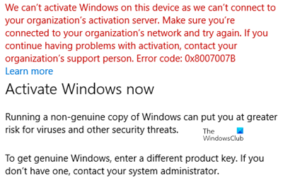 Correction du code d'erreur d'activation de Windows 10 0x8007007B
