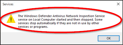 Perkhidmatan Pemeriksaan Rangkaian Windows Defender Antivirus bermula dan kemudian dihentikan