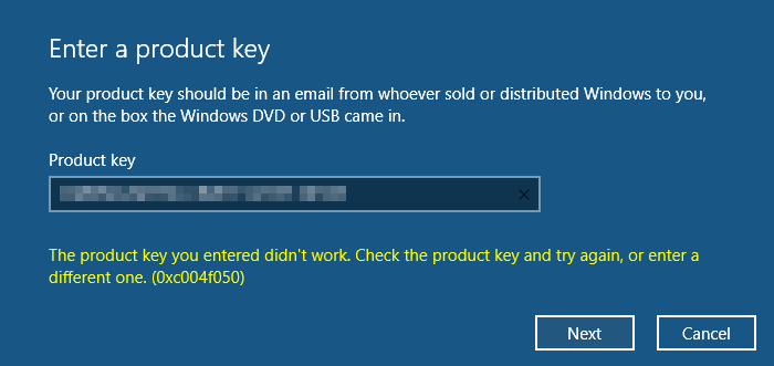 Produktnyckeln du angav fungerade inte, fel 0xC004F050