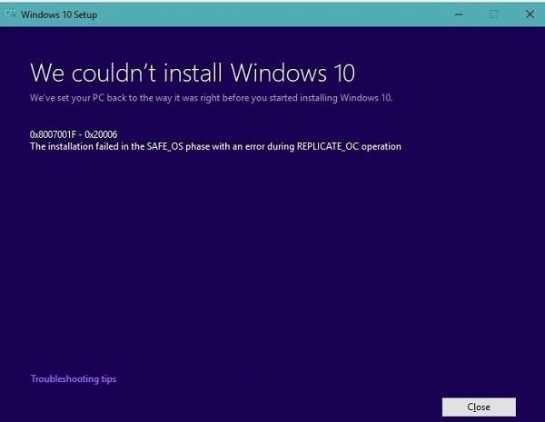 La mise à jour de Windows 10 continue de planter avec l'erreur 0x8007001f - 0x20006