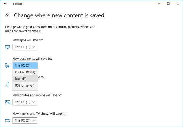 Windows 10 में डिफ़ॉल्ट सहेजें स्थान बदलें