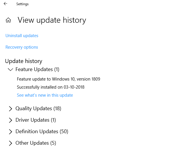 Windows 10 버전 업데이트 기록 보기