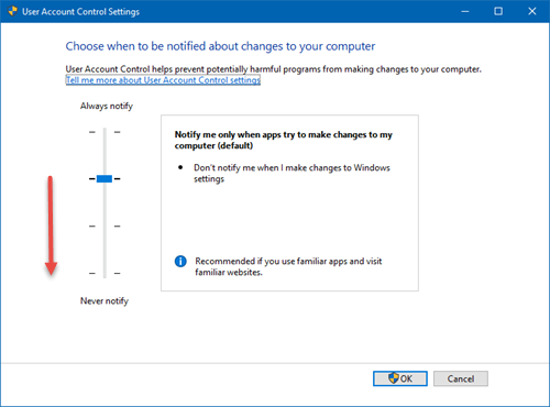Impossible de modifier les paramètres de contrôle de compte d'utilisateur (UAC) sous Windows 10