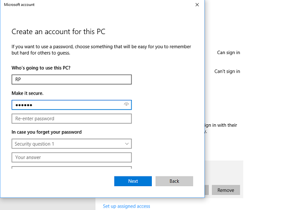 Windows 10 में स्थानीय उपयोगकर्ता खाता सेट करते समय सुरक्षा प्रश्न निकालें या छोड़ें