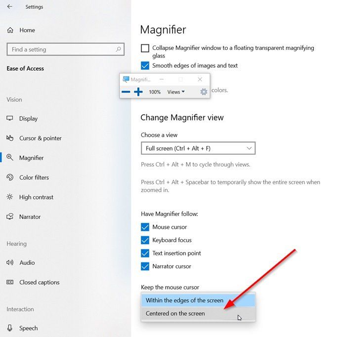 Как да задържите курсора на мишката на лупата в центъра на екрана в Windows 10