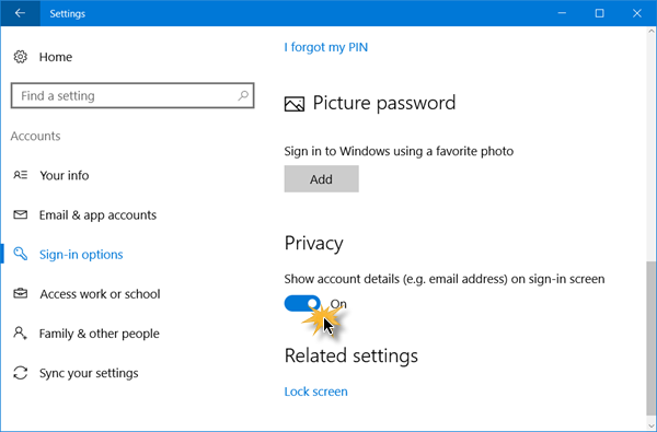 Odebrat e-mailovou adresu z přihlašovací obrazovky systému Windows 10
