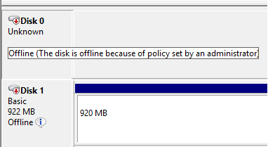 किसी व्यवस्थापक द्वारा निर्धारित नीति के कारण डिस्क ऑफ़लाइन है