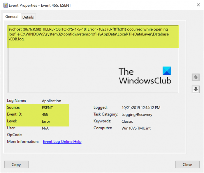 Πώς να διορθώσετε το σφάλμα ESENT με το Αναγνωριστικό συμβάντος 455 στα Windows 10
