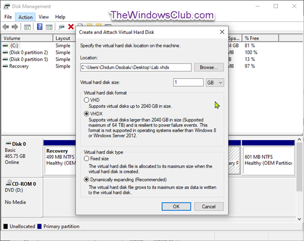 विंडोज 10 में नई VHD या VHDX फाइल कैसे बनाएं और सेट करें