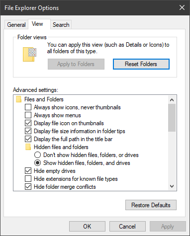 File Exploreri suvandite avamine Windows 10-s