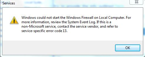 Windows स्थानीय कंप्यूटर पर Windows फ़ायरवॉल प्रारंभ नहीं कर सका