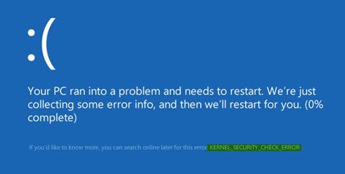Kodola drošības pārbaudes kļūda operētājsistēmā Windows 10