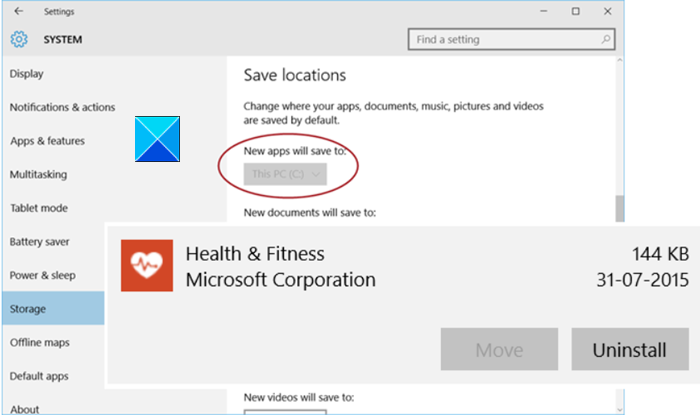 Siirrä asennetut sovellukset ja uudet sovellukset tallentuvat Windows 10: n harmaana oleviin asetuksiin