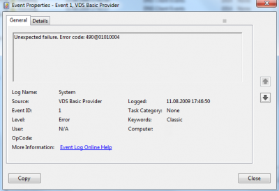 Dibetulkan: Kod ralat pembekal VDS Basic 490@01010004 dalam Event Viewer pada Windows 7.