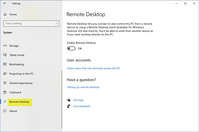 Mga setting ng system ng Windows 10