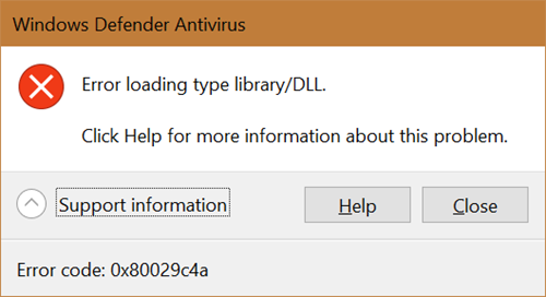 Windows Defenderi viga tüübi kogu / DLL, 0x80029c4a laadimisel