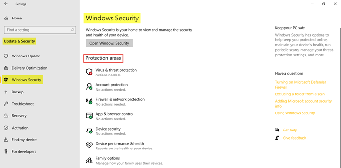 Windows Update et paramètres de sécurité dans Windows 10