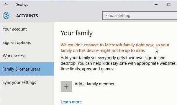 Non siamo riusciti a connetterci alla famiglia Microsoft in questo momento