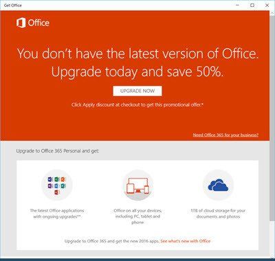 Lumpuhkan, hapus pemasangan atau hapus pemberitahuan aplikasi Dapatkan Office di Windows 10