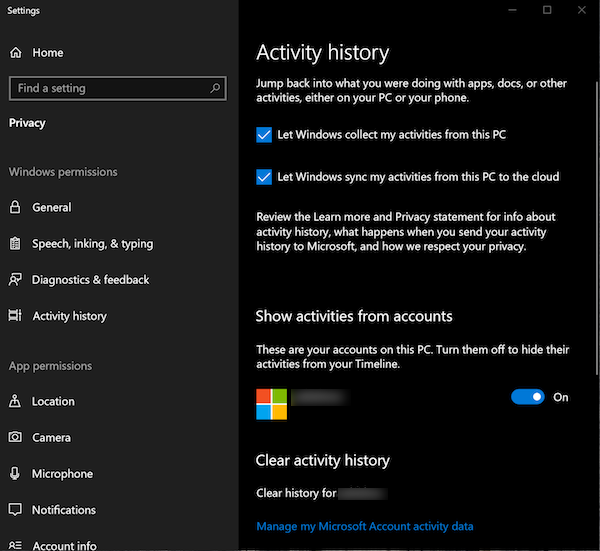Historie aktivit ve Windows 10