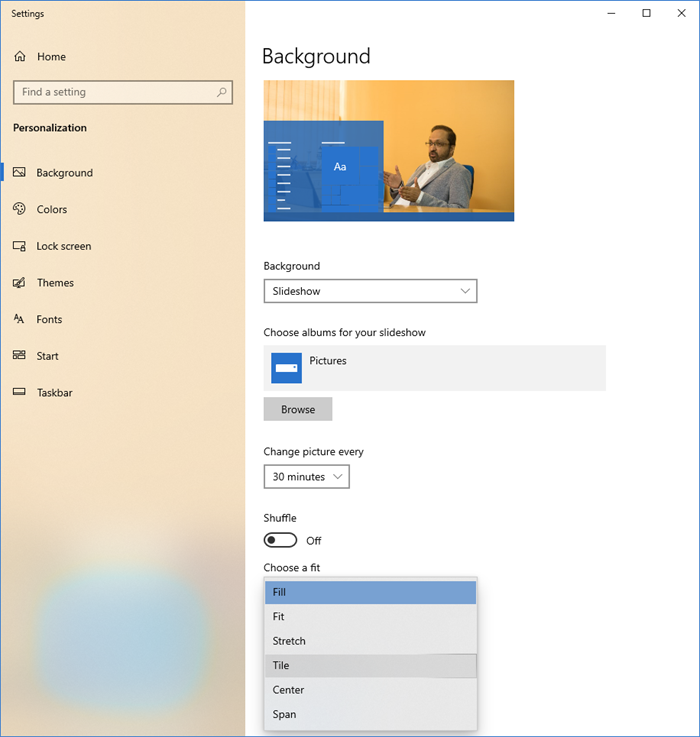 Centrar, Rellenar, Ajustar, Estirar, Mosaico, Deslizar papel tapiz en Windows 10