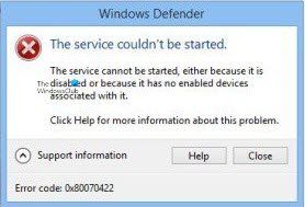 שגיאה 0x80070422 שירות Windows Defender נכשל בהפעלה