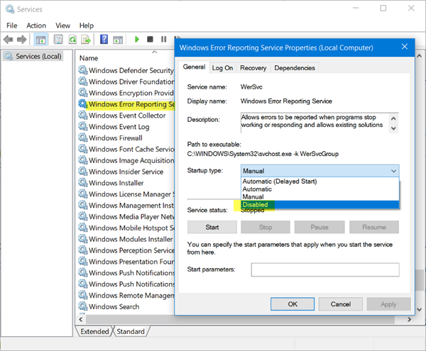 Υπηρεσία αναφοράς σφαλμάτων Microsoft Windows στα Windows 10