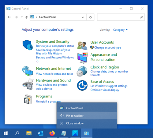Juhtpaneeli kinnitamine Windows 10 tegumiribale
