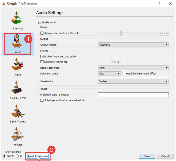 VLC-audiovoorkeuren resetten