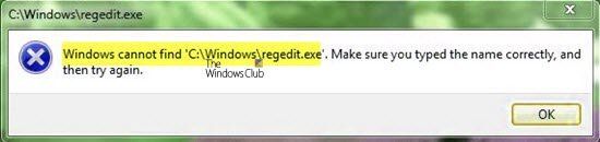 Windows nevar atrast C: /Windows/regedit.exe