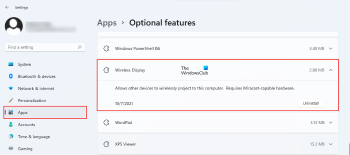 pašalinti „Windows 11“ belaidžio rodymo funkciją