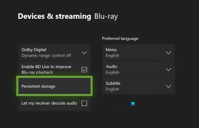   I-clear ang persistent storage Xbox