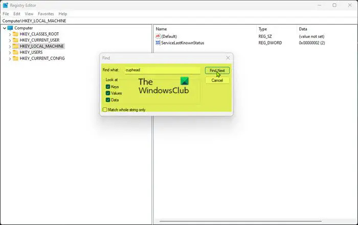   Търсене в системния регистър на Windows за файлове в регистъра на играта Cuphead