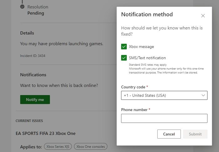 Notificaciones de estado del servicio de Xbox