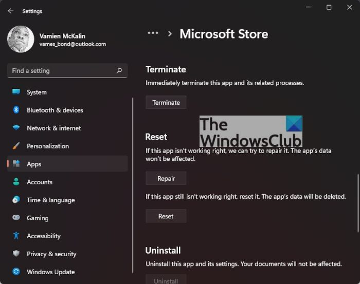 Restableix Microsoft Store