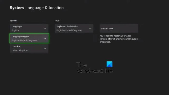 Xbox ترتیبات زبان کا علاقہ